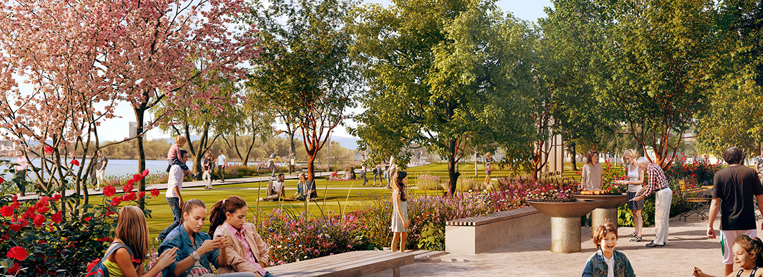 Visionsbild av en del av den framtida Skeppsbroparken i Skeppsbron. I bakgrunden syns Munksjön, gräs, grönska, blommande och gröna träd och människor i parken. I förgrunden syns tonåringar på en bänk och lekande barn.