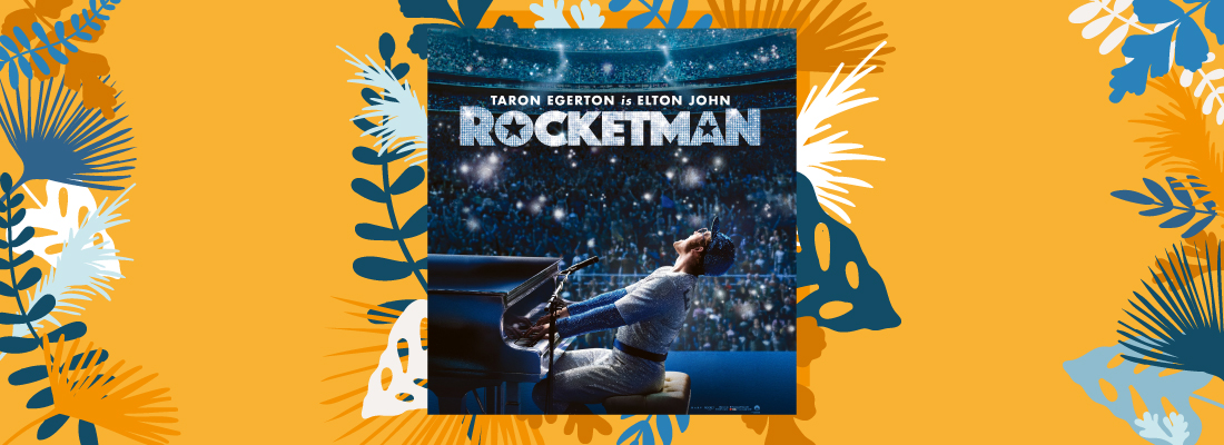 Filmaffisch för Rocketman. Bakom affischen - en orange bakgrund med somriga växter.